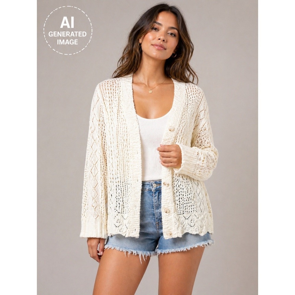 LIV Los Angeles Ivory Knit Cardigan Open Front Button Boho M